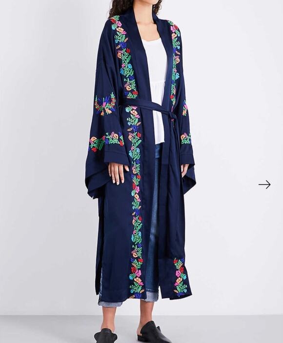 Free People Other - FREE PEOPLE Navy Blue Satin FLoral Embroidered Bell Sleeve Kimono *Missing belt